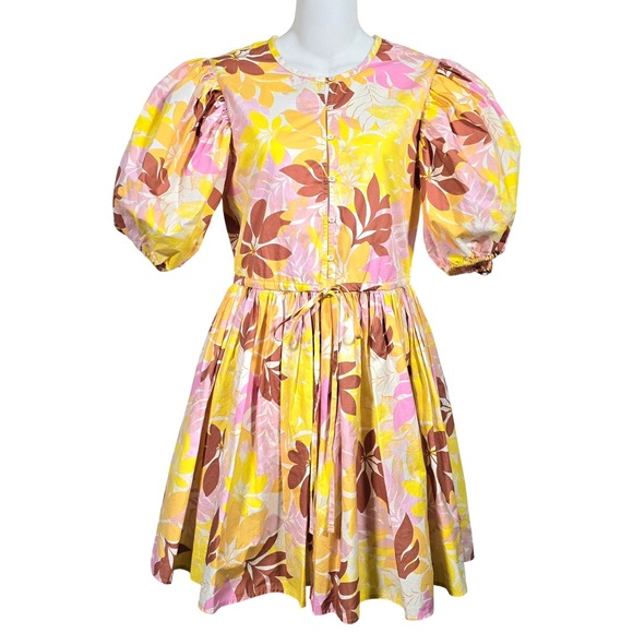 Xirena‎ Aurie Mini Dress Yellow Pink XS floral Print Puff Sleeves Feminine - Picture 1 of 10